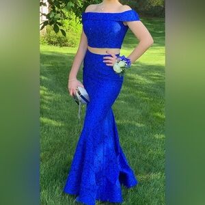 Off-Shoulder Royal Blue Lace Two-Piece Gown